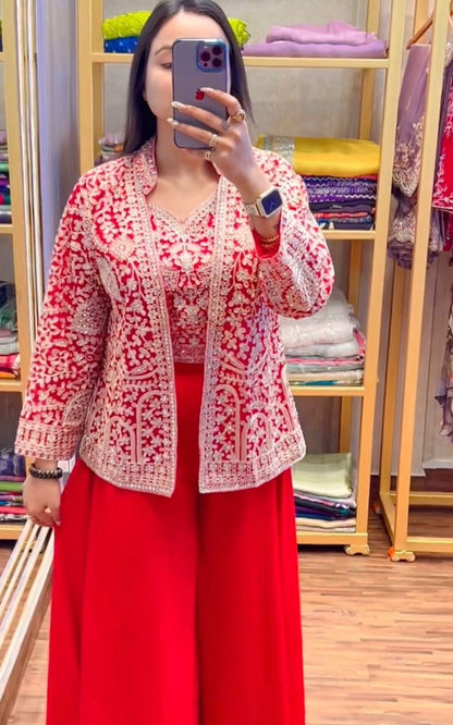 Red Color Beautiful Plazo Blouse Koti Dress in Georgette Fabric