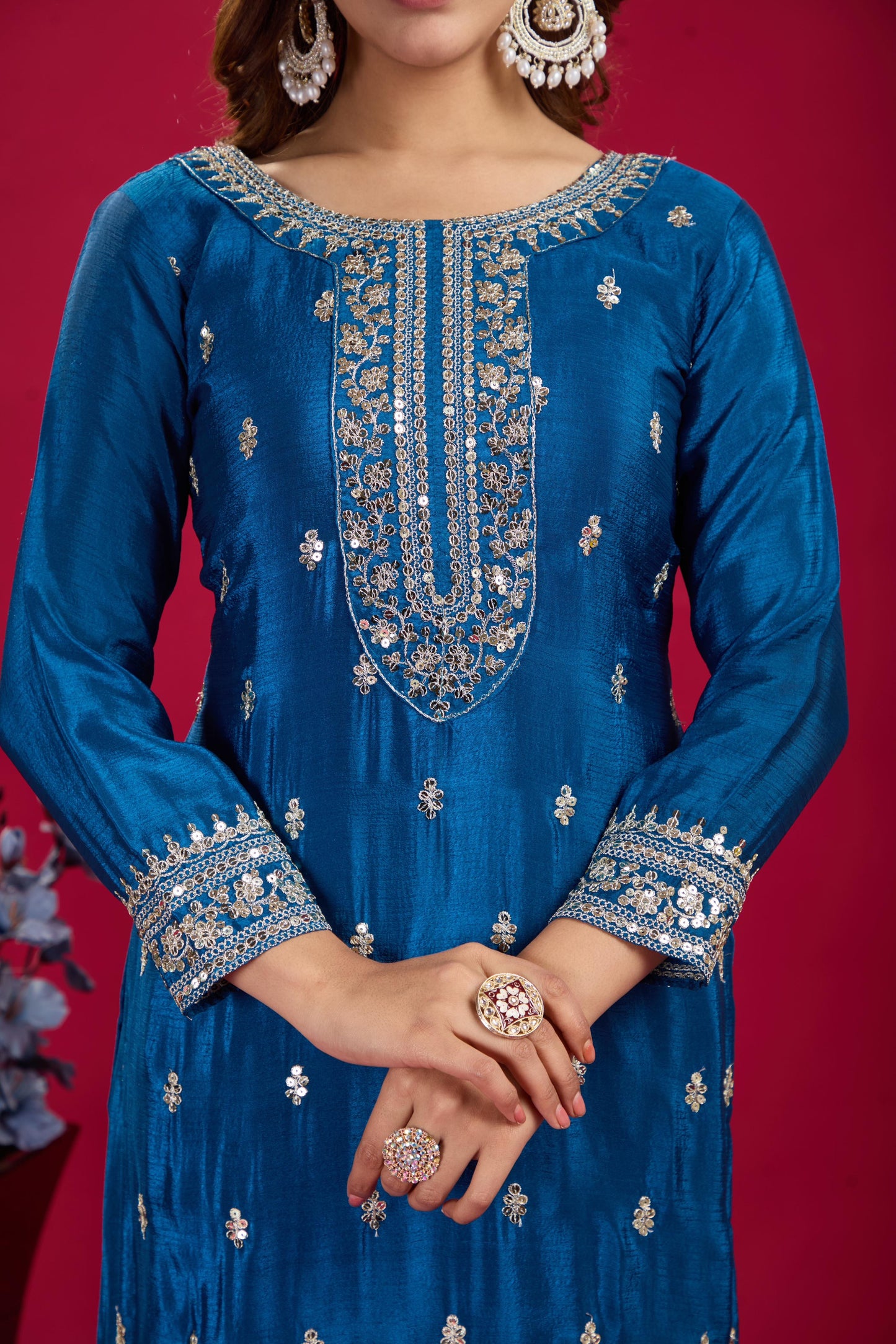 Light Blue Color Beautiful Partywear Suit In chinon Fabric