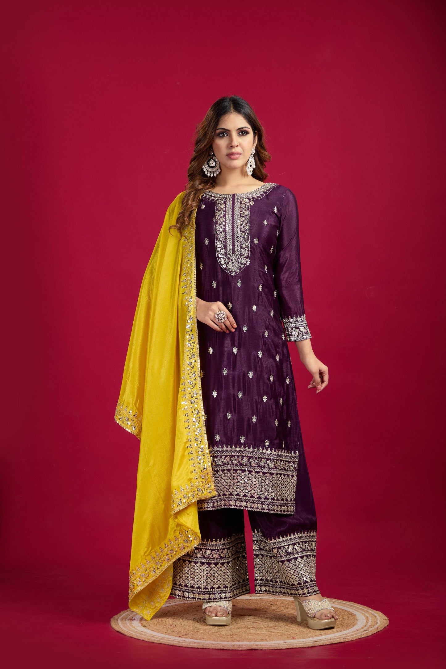 Maroon Color Beautiful Partywear Suit In chinon Fabric