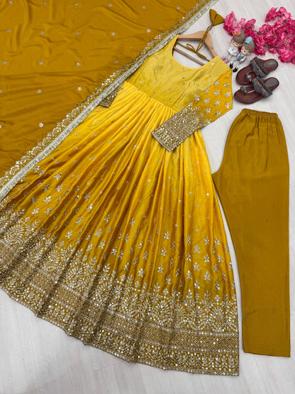 Beautiful Designer Yellow Color Partywear Dress in Chinon Fabric