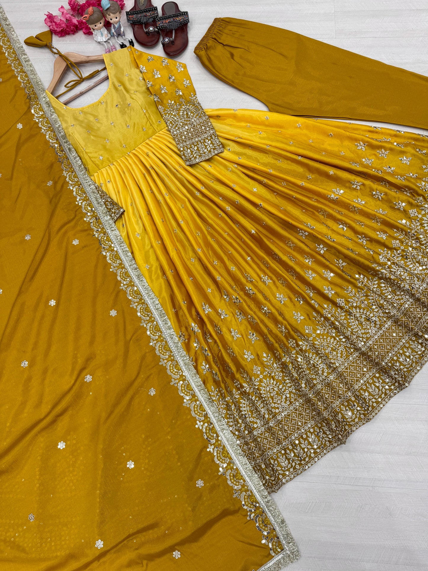 Beautiful Designer Yellow Color Partywear Dress in Chinon Fabric