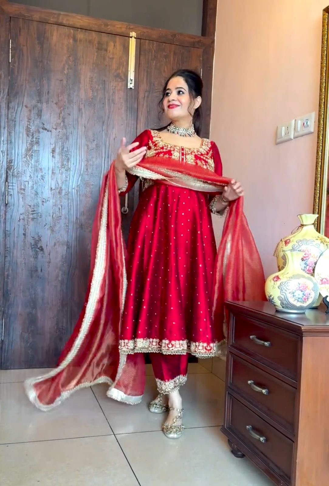 Anarkali Gown in red color in chinon fabric