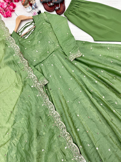 Green Color Beautiful Crush Silk Gown