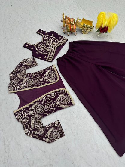 Georgette Fabric Plazo Koti Choli Suit In Maroon color