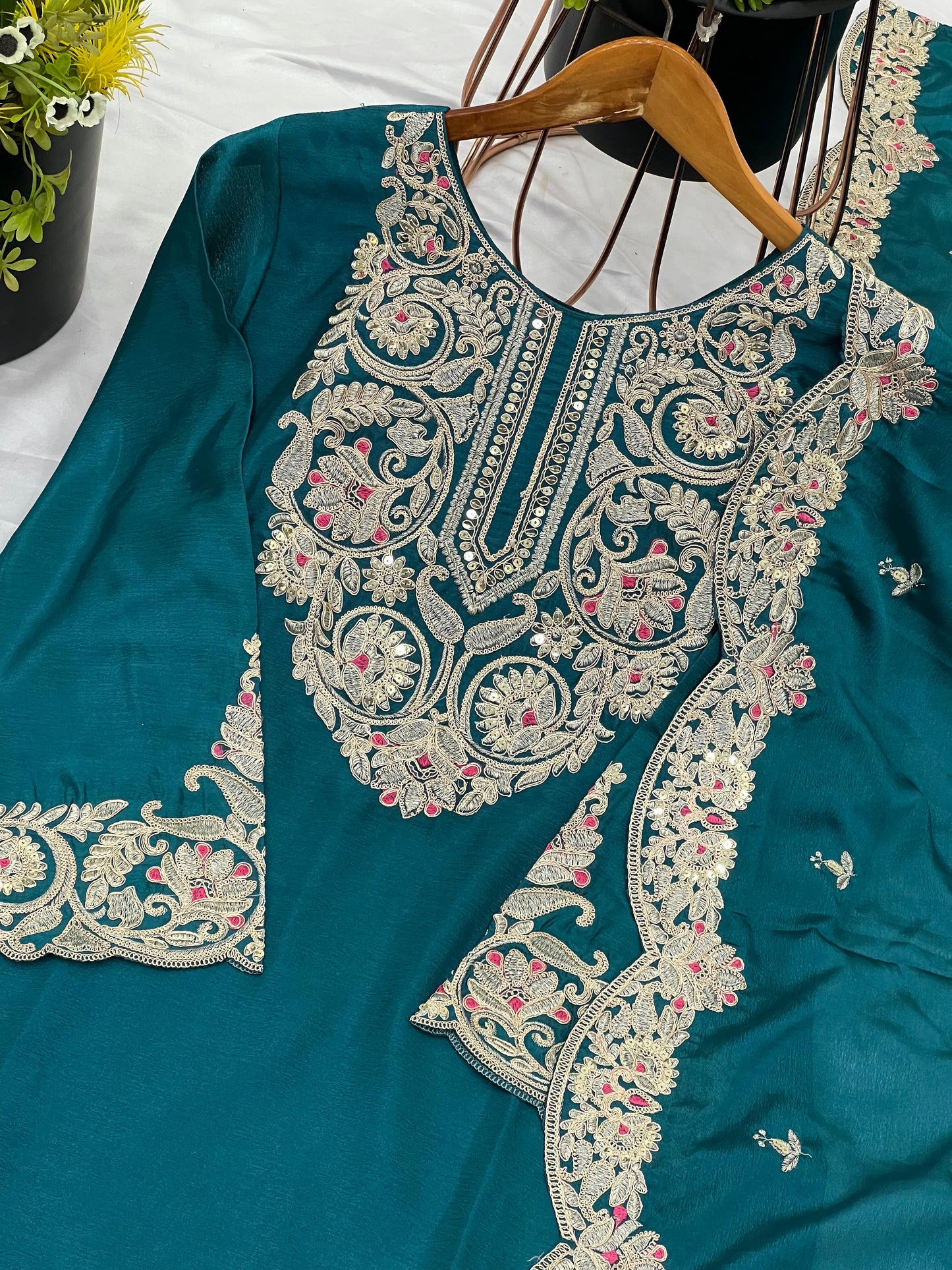 Rama Blue Color Beautiful Suit For Party In Chinon Fabric