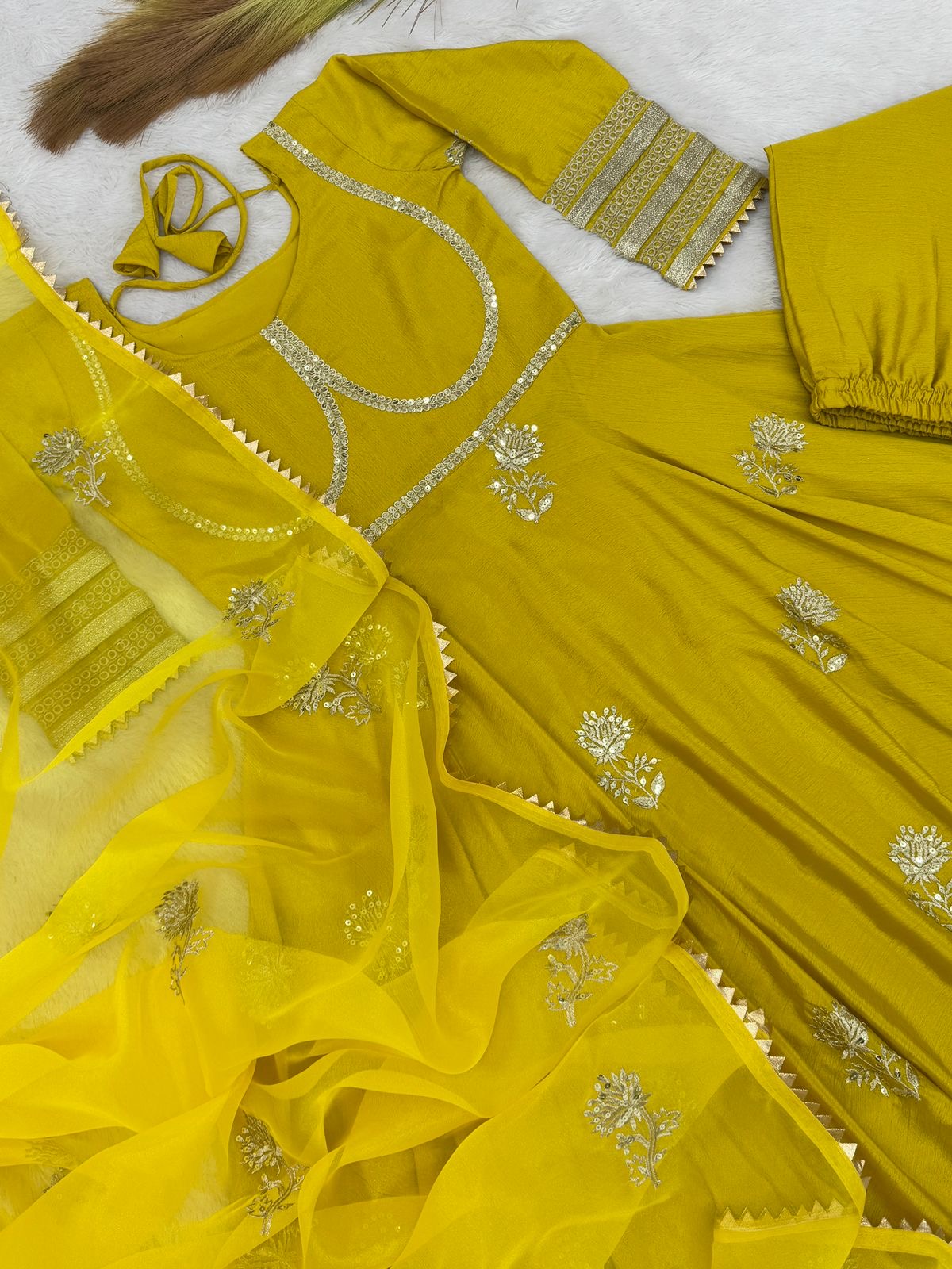 Beautiful Yellow Color Anarakli Gown Chinon Fabric