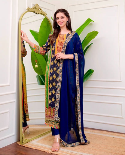 Blue Color Beautiful Maslin Silk Heavy Dress for daily wear use