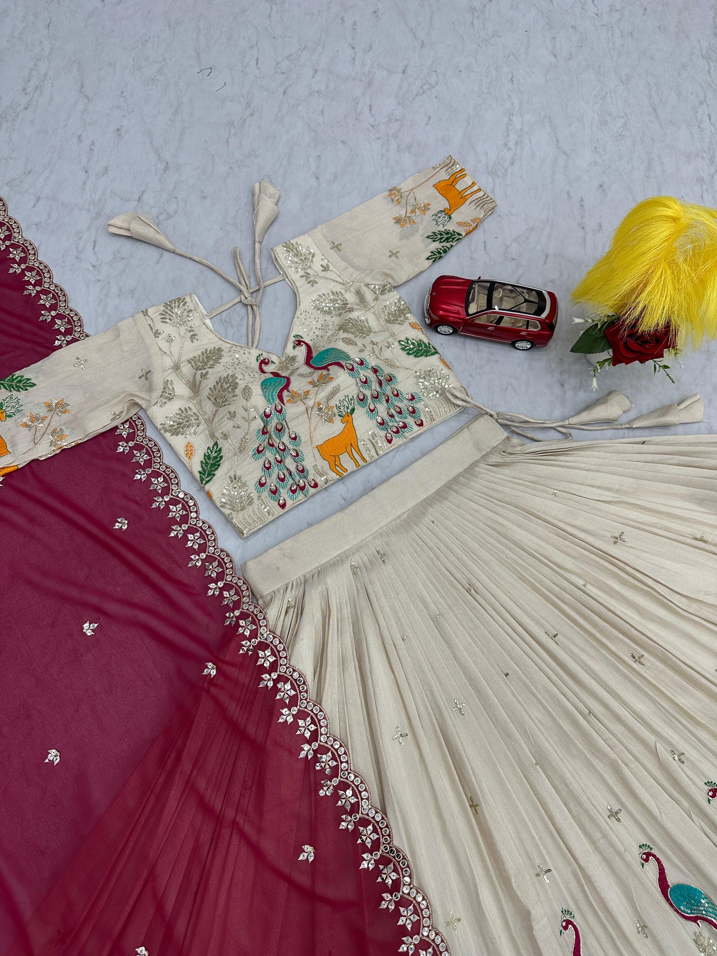 Wedding Wear Lehenga Choli With Cancan In White Cream Color and maroon dupatta