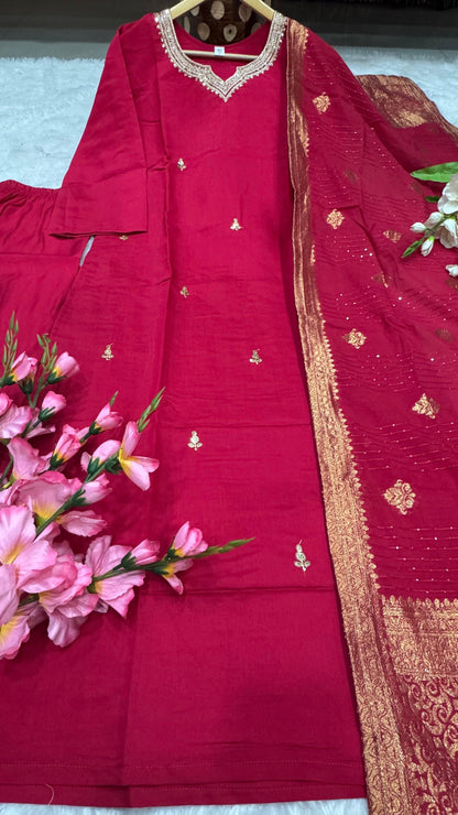 Roman Silk Fabric Designer Festive Wear Kurti Pant And Dupatta IN Pink Color