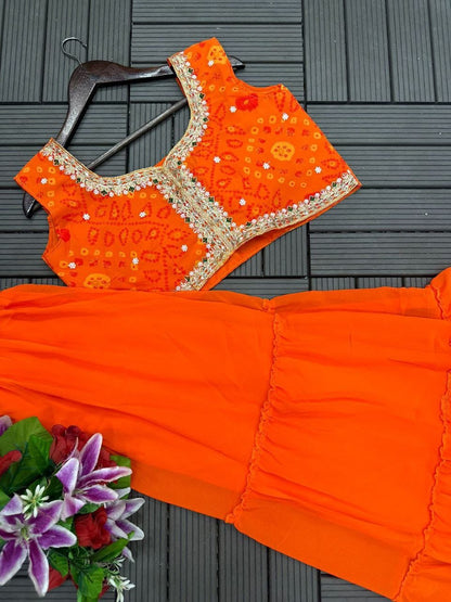 Trending Party Wear Shrug Lehenga In Orange Color in Gerogette Fabric