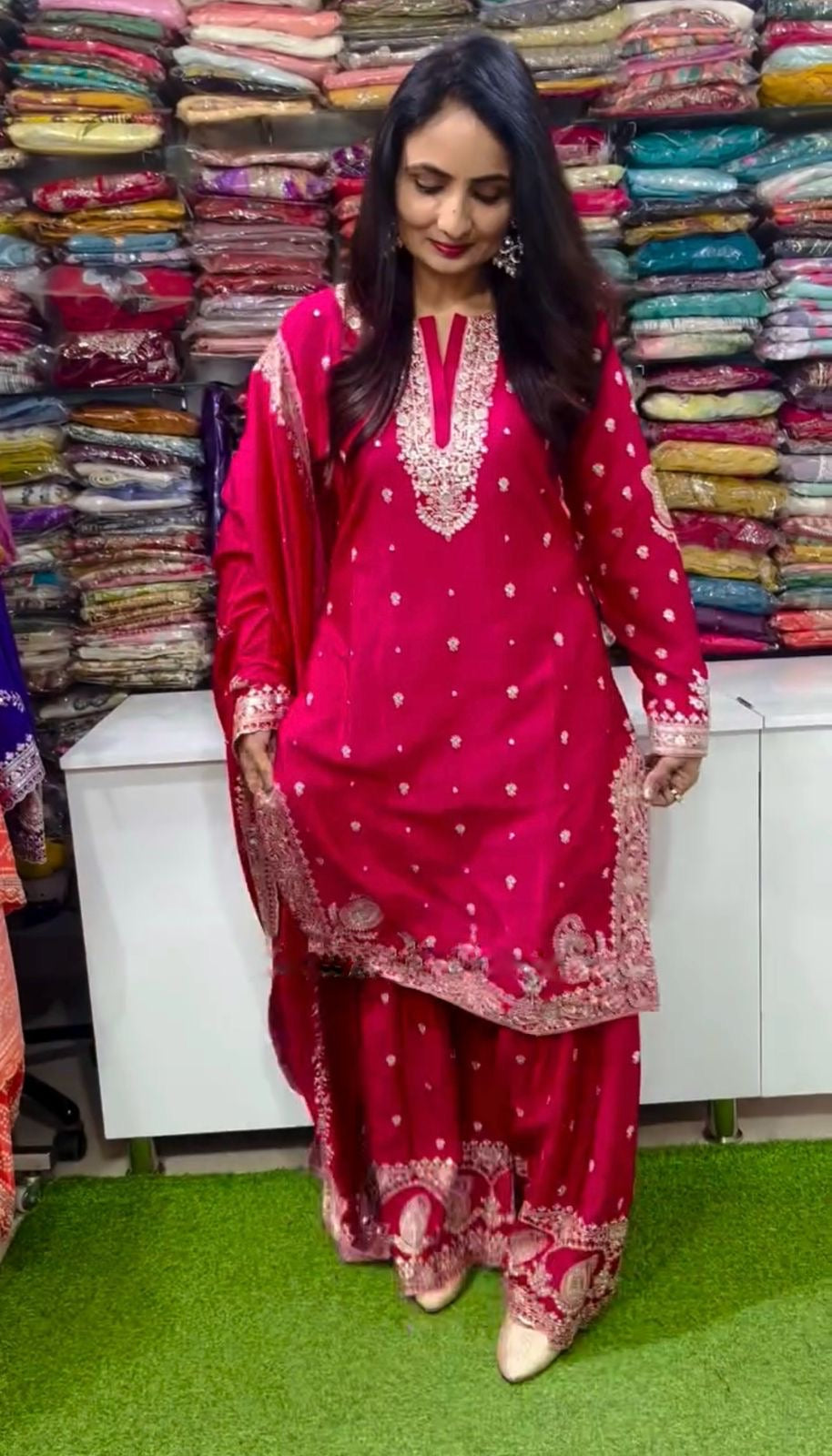 Pink Red Color Beautiful Plazo Suit In Chinon Fabric