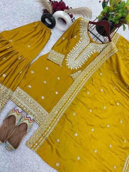 yellow Color Beautiful Chinon Silk Fabric Dress