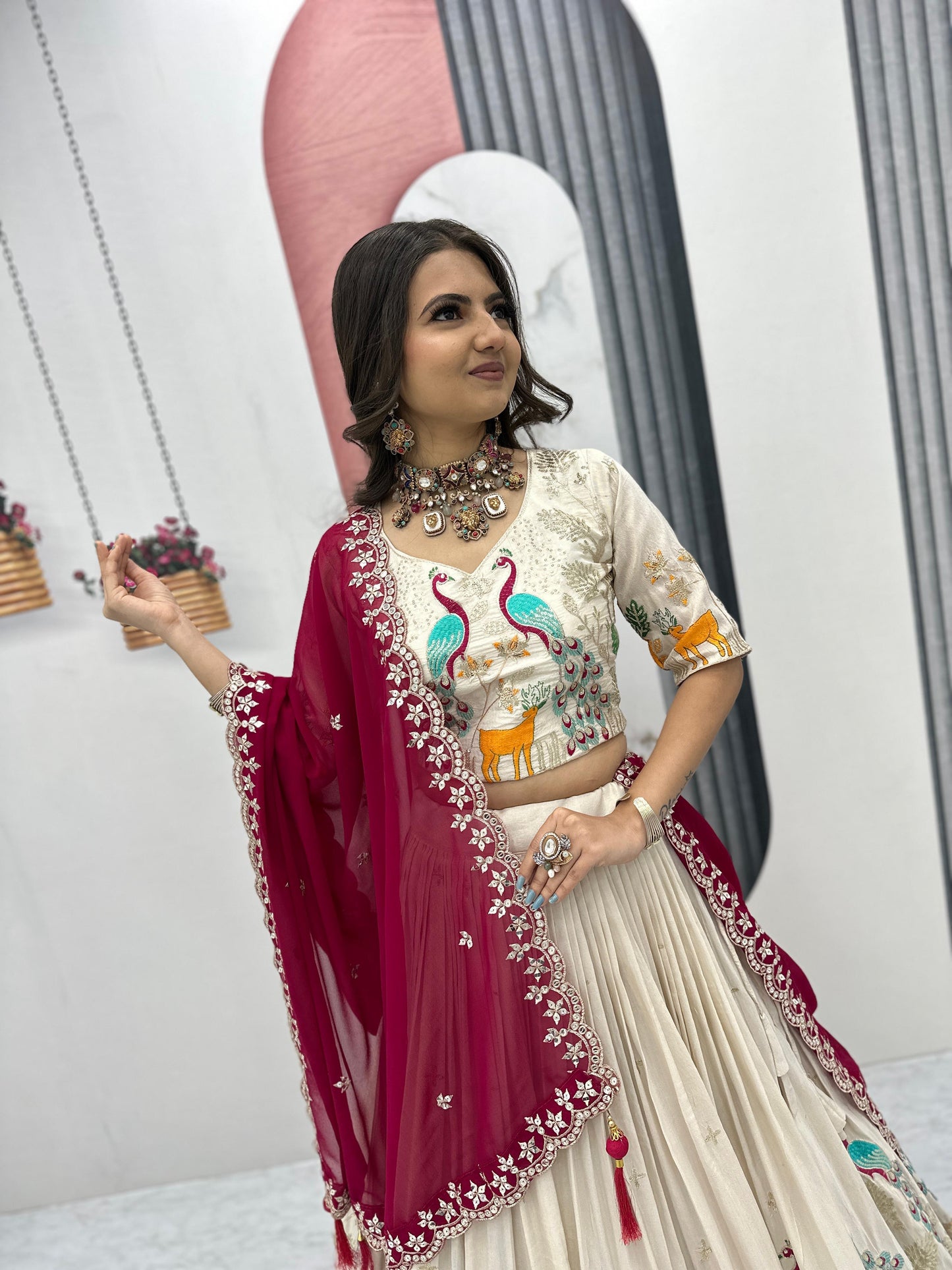 Wedding Wear Lehenga Choli With Cancan In White Cream Color and maroon dupatta