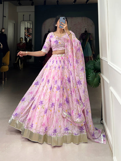 Beautiful Flower Prints Lehenga. Choli In Pink Color In tabby silk fabric