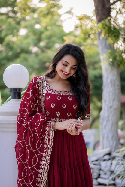 Maroon Red Color Beautiful Anarkali Dress In Georgette Fabric