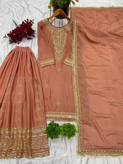 Chinnon With Heavy Embroidery Sequence Work Top-Bottom And Dupatta Set Fully Stitched Ready To Wear