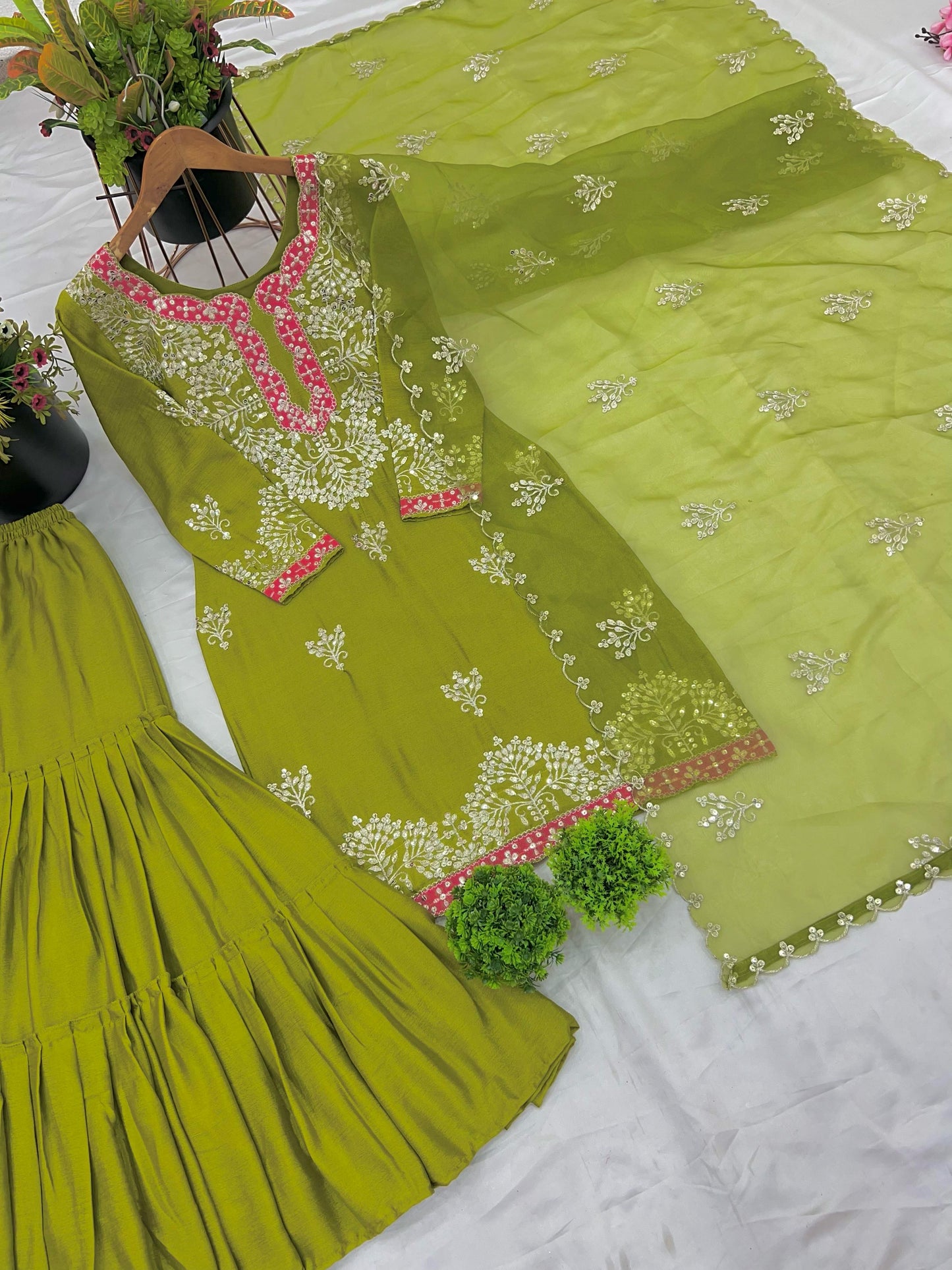 Embroidery Sequence Work Top-Gharara And Dupatta Set Fully Stitched