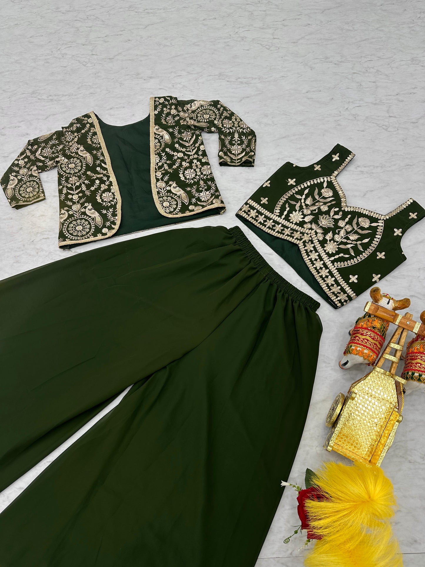 Georgette Fabric Plazo Koti Choli Suit In Green color