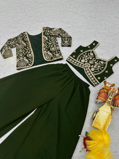 Georgette Fabric Plazo Koti Choli Suit In Green color