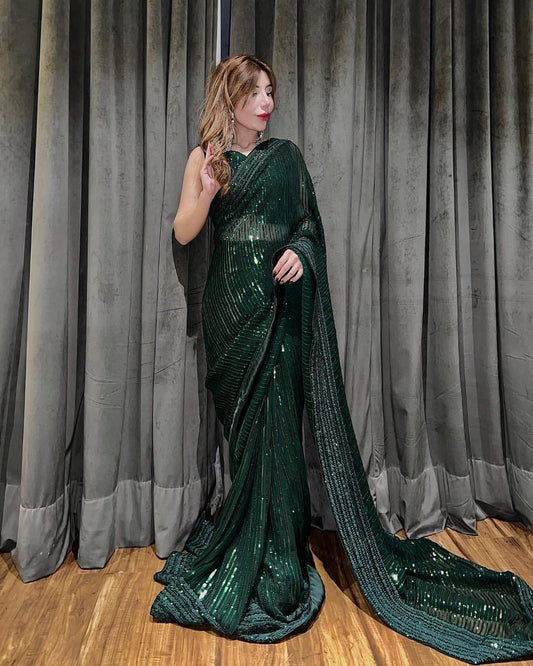 Green Color Beautiful Partywear Saree In Georgette Fabric