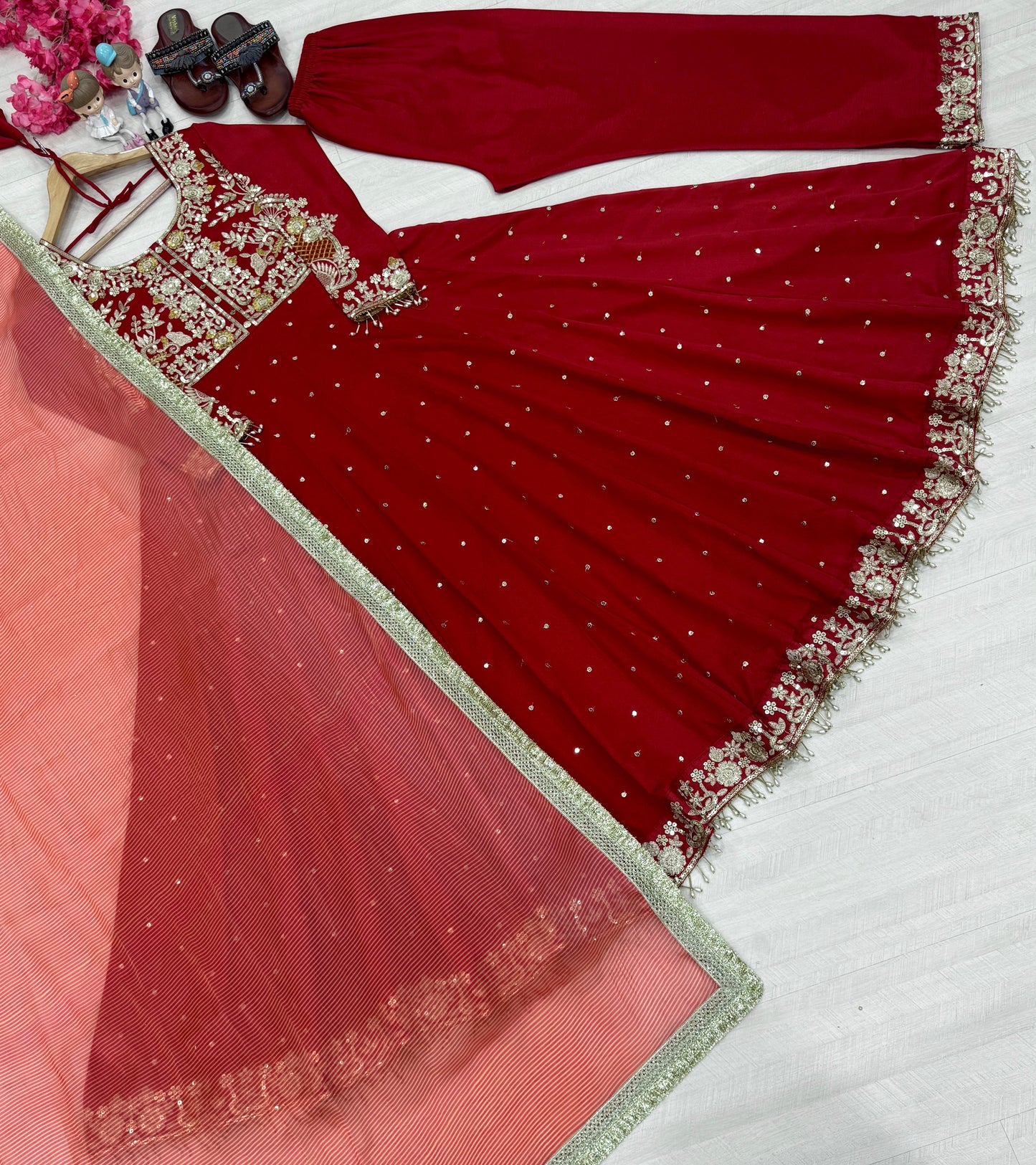 Anarkali Gown in red color in chinon fabric