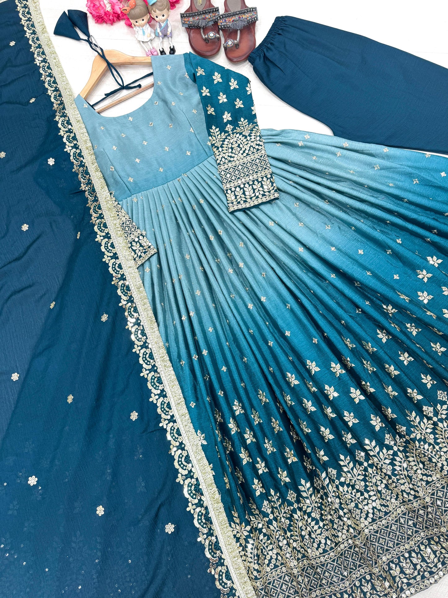 Beautiful Designer Sky Blue Color Partywear Dress in Chinon Fabric