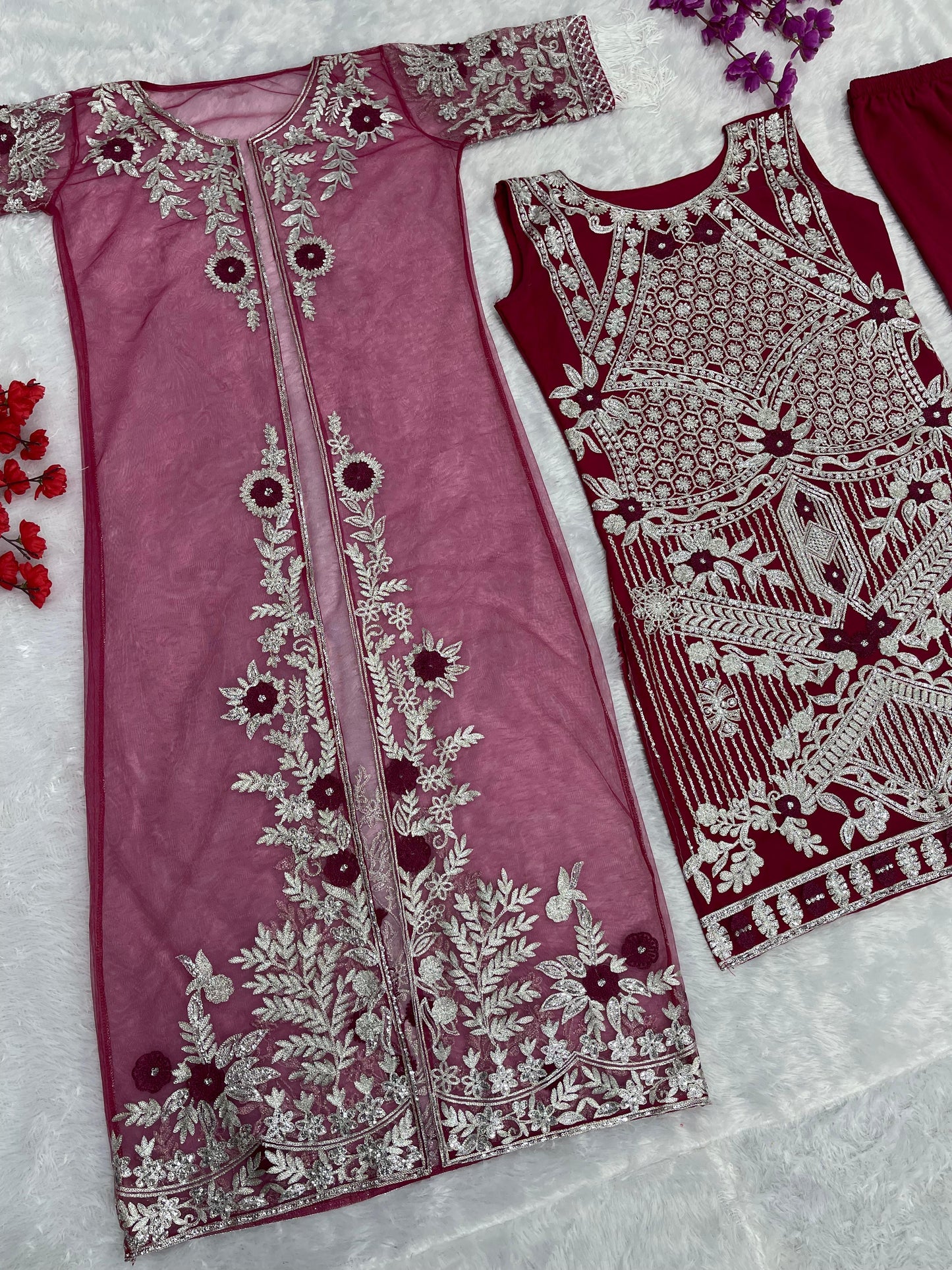 Maroon Red Color Beautiful Koti Dress in Net FAbric