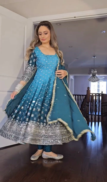 Beautiful Designer Sky Blue Color Partywear Dress in Chinon Fabric