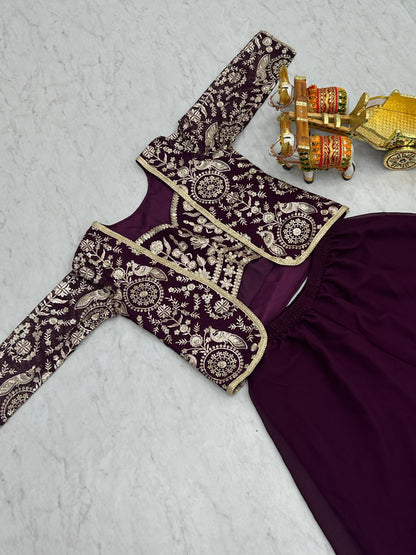 Georgette Fabric Plazo Koti Choli Suit In Maroon color