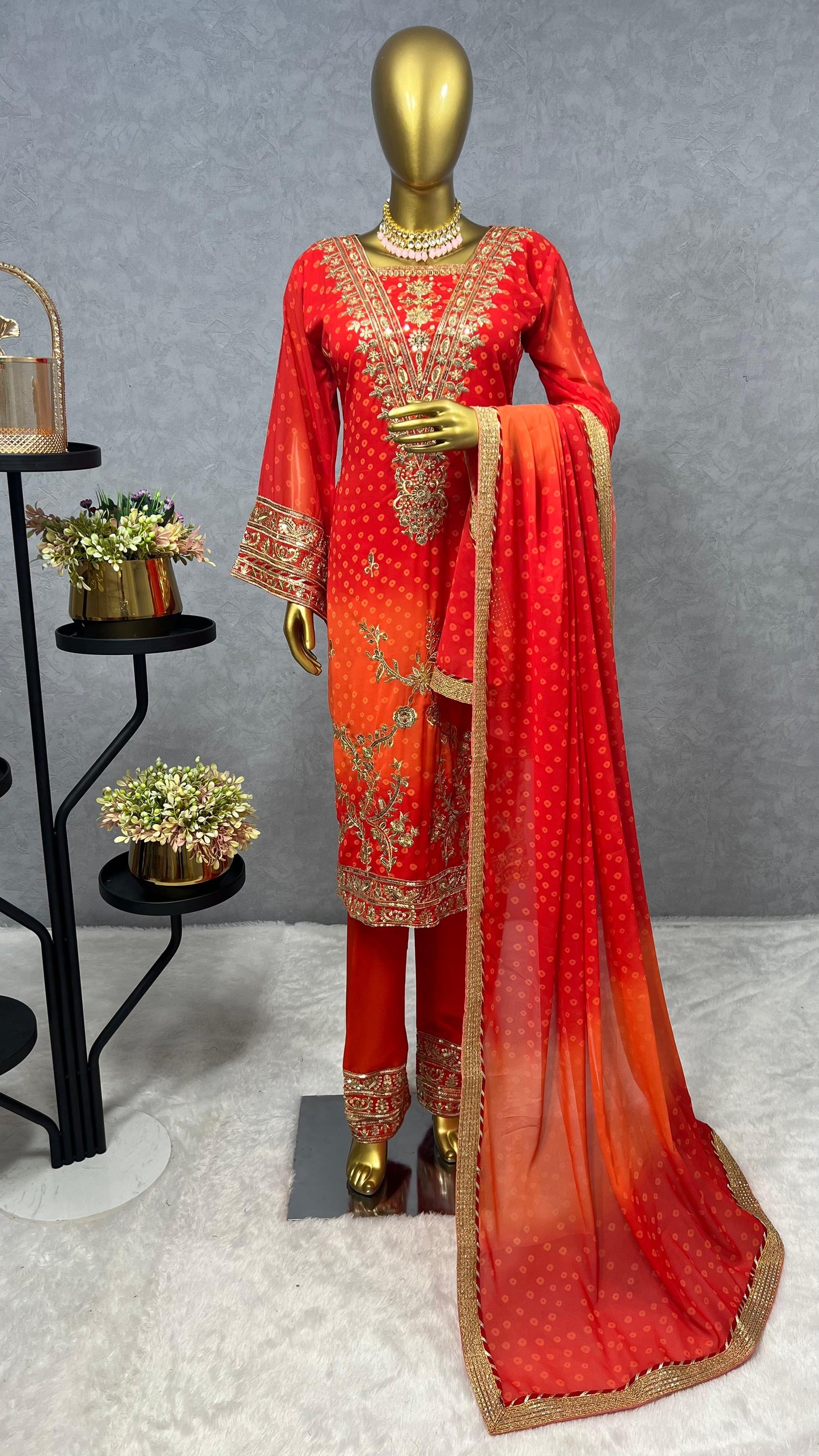 Beautiful Red Orange Color Georgette Fancy Suit