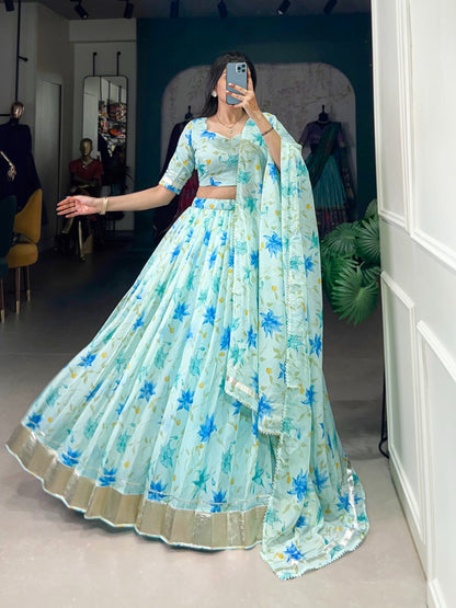 Beautiful Flower Prints Lehenga. Choli In sky blue Color In tabby silk fabric