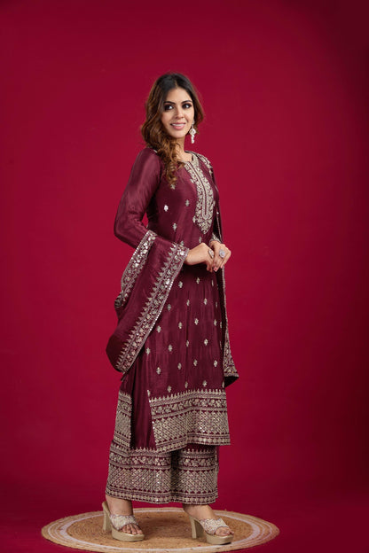 Chinnon And Heavy Embroidery Sequence Work Top-Bottom And Dupatta Set