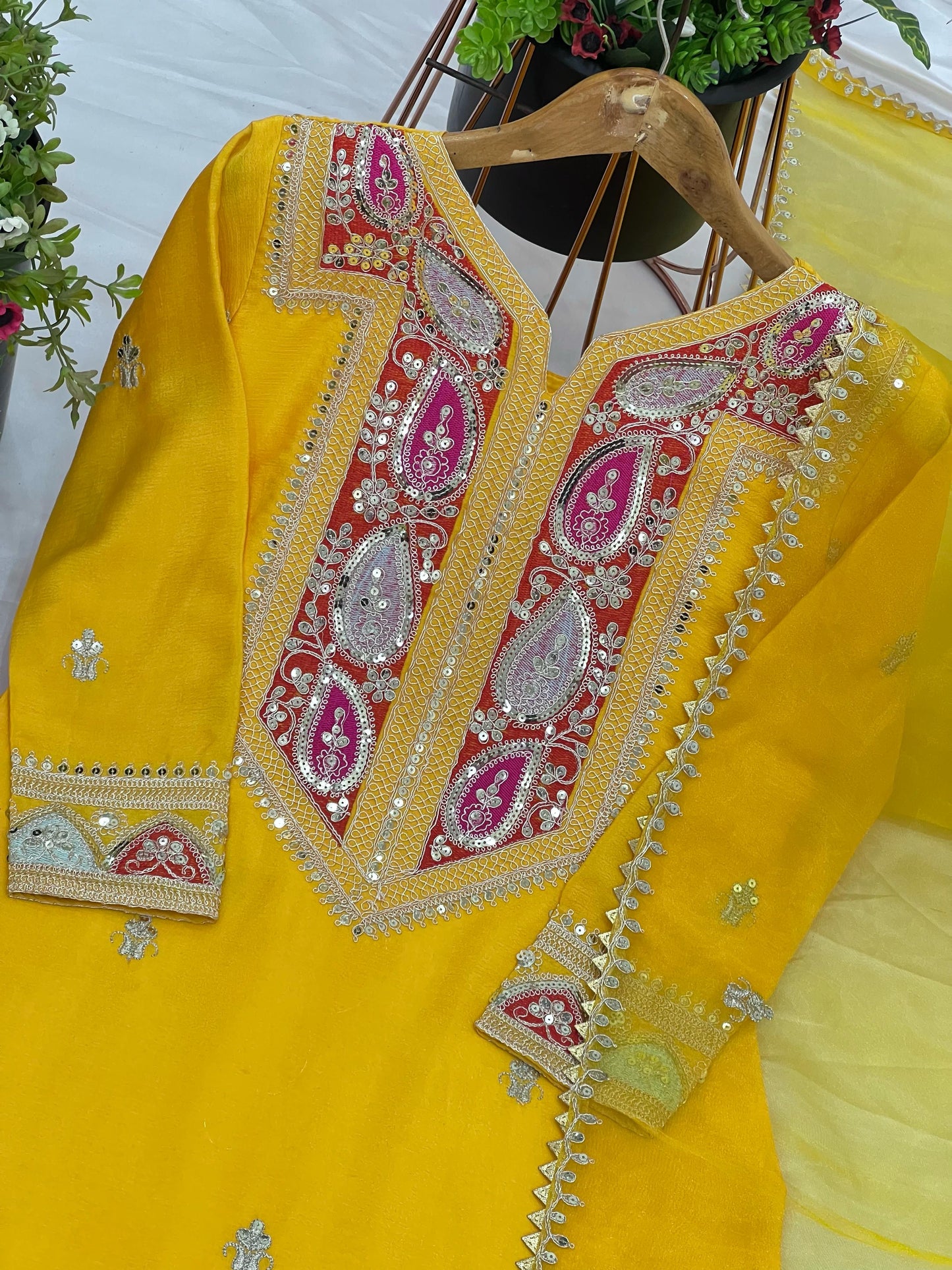 Embroidery Sequence Work Top-Gharara And Dupatta Set