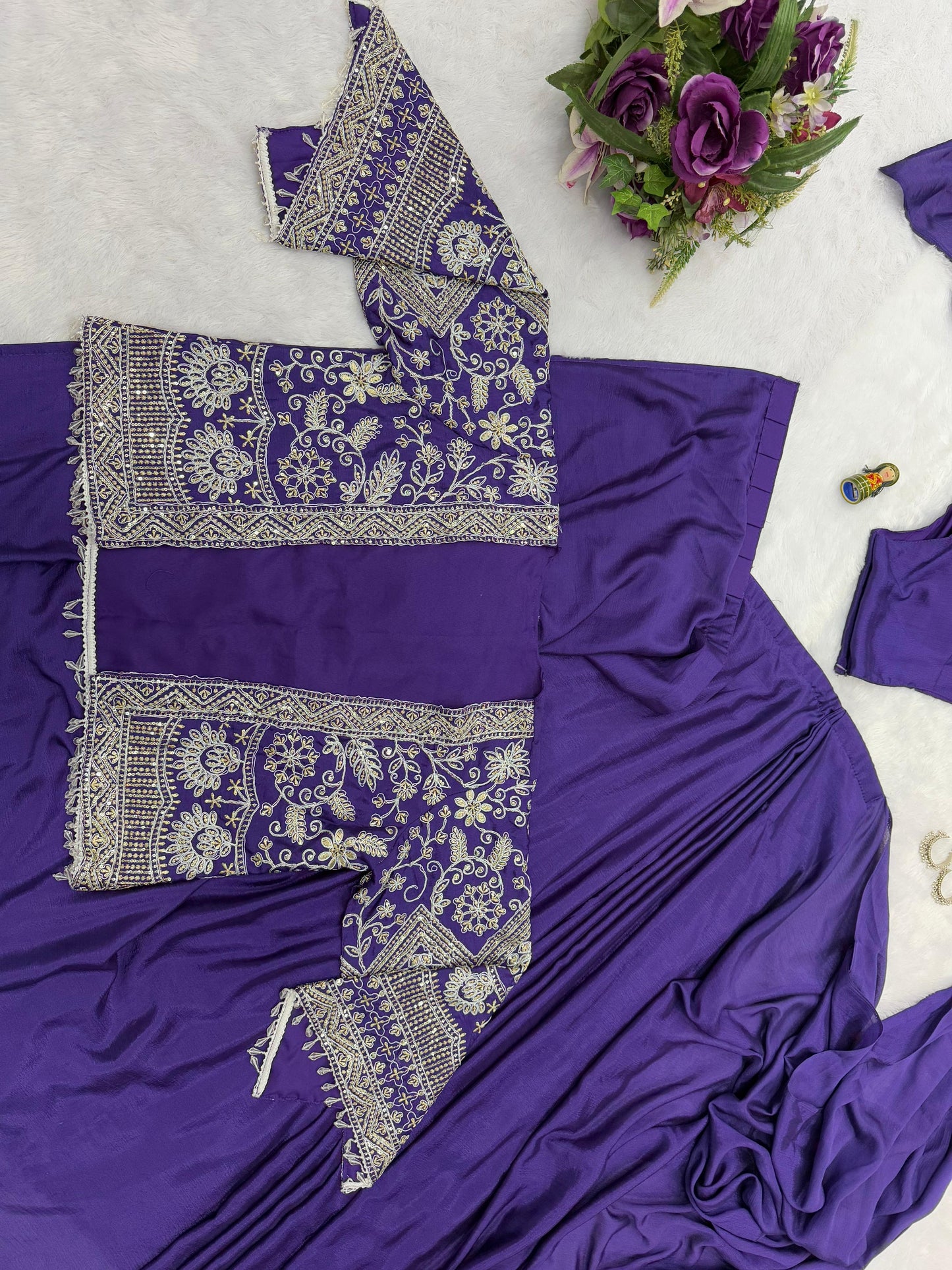 Ready To Wear Saree With Fully Embroidered Koti On Chinon Fabric With Stitch Blouse