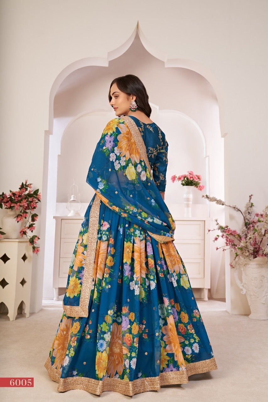 Lotus Floral Printed And Embellished Sequins Butti Work All Over the lehenga Choli