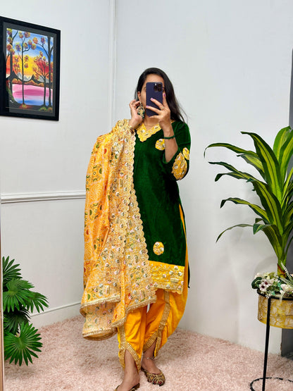 Green Yellow Color Beautiful Velvet Suit For Partywear function