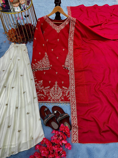 Red Color Beautiful Chinon Fabric Plazo Suit