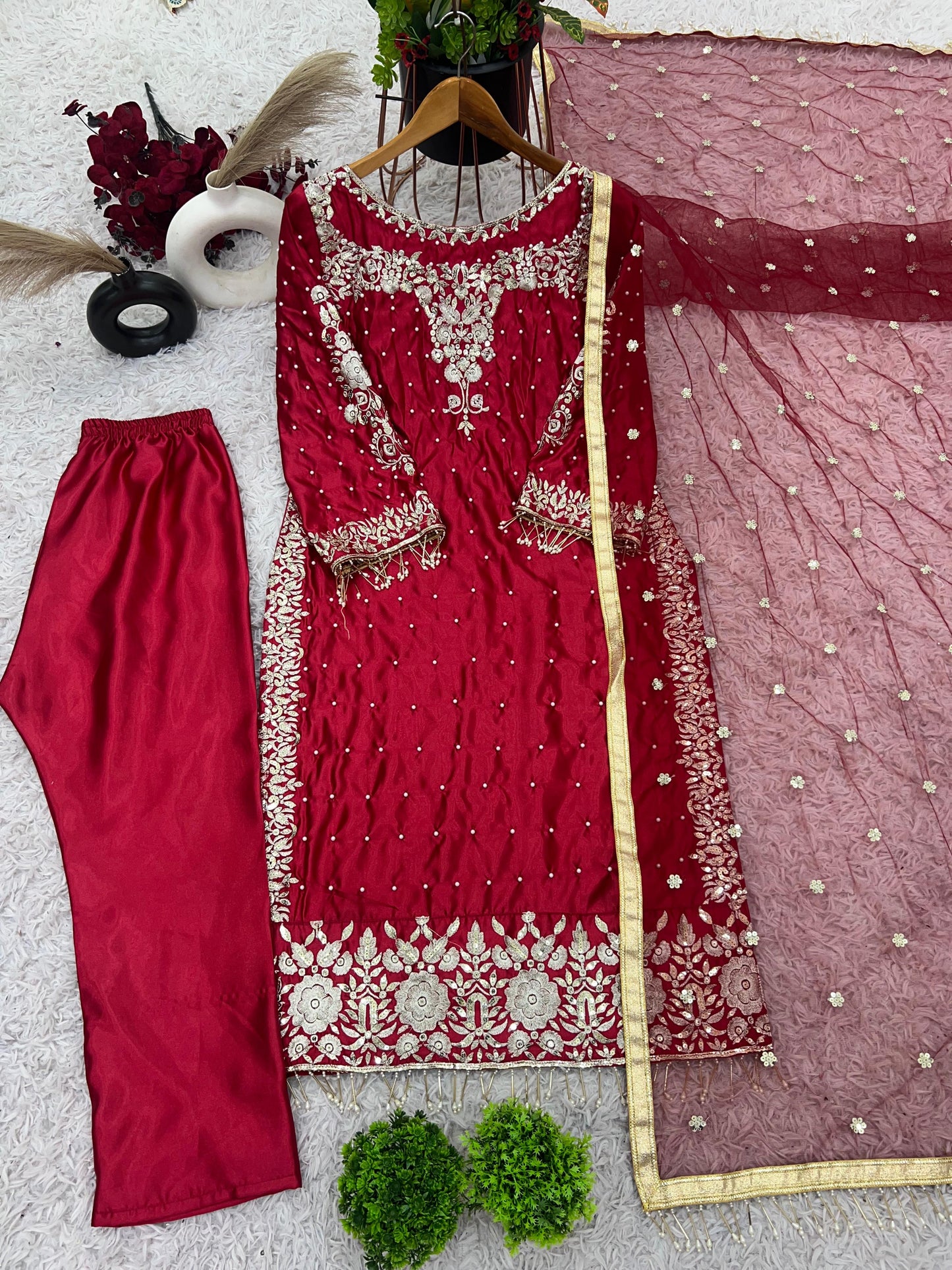 Beautiful Maroon Red Satin Silk Dress For Upcoming Festival