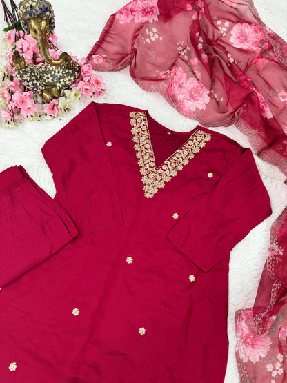 Pink Red Color Beautiful Chanderi Silk Suit