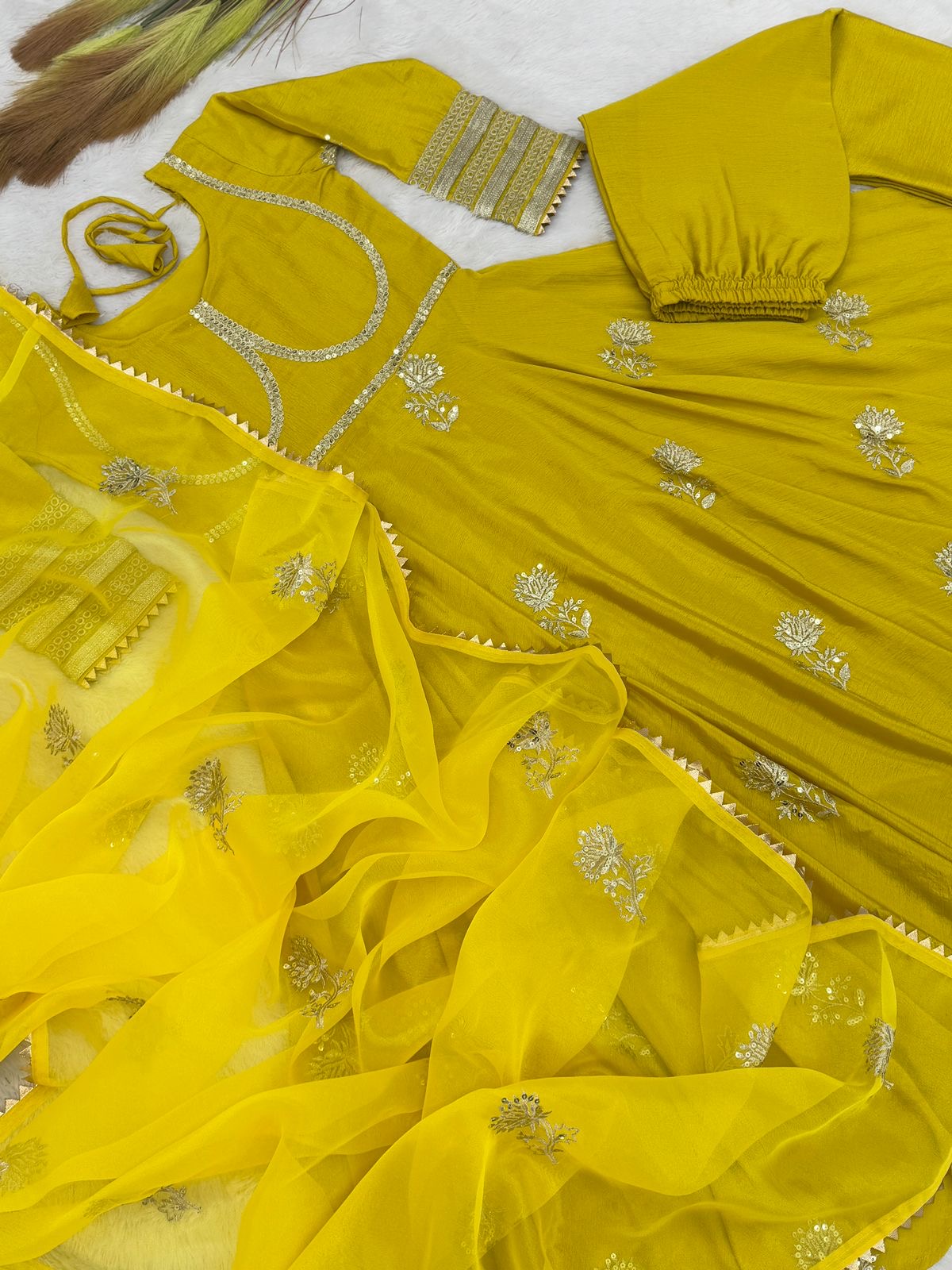 Beautiful Yellow Color Anarakli Gown Chinon Fabric