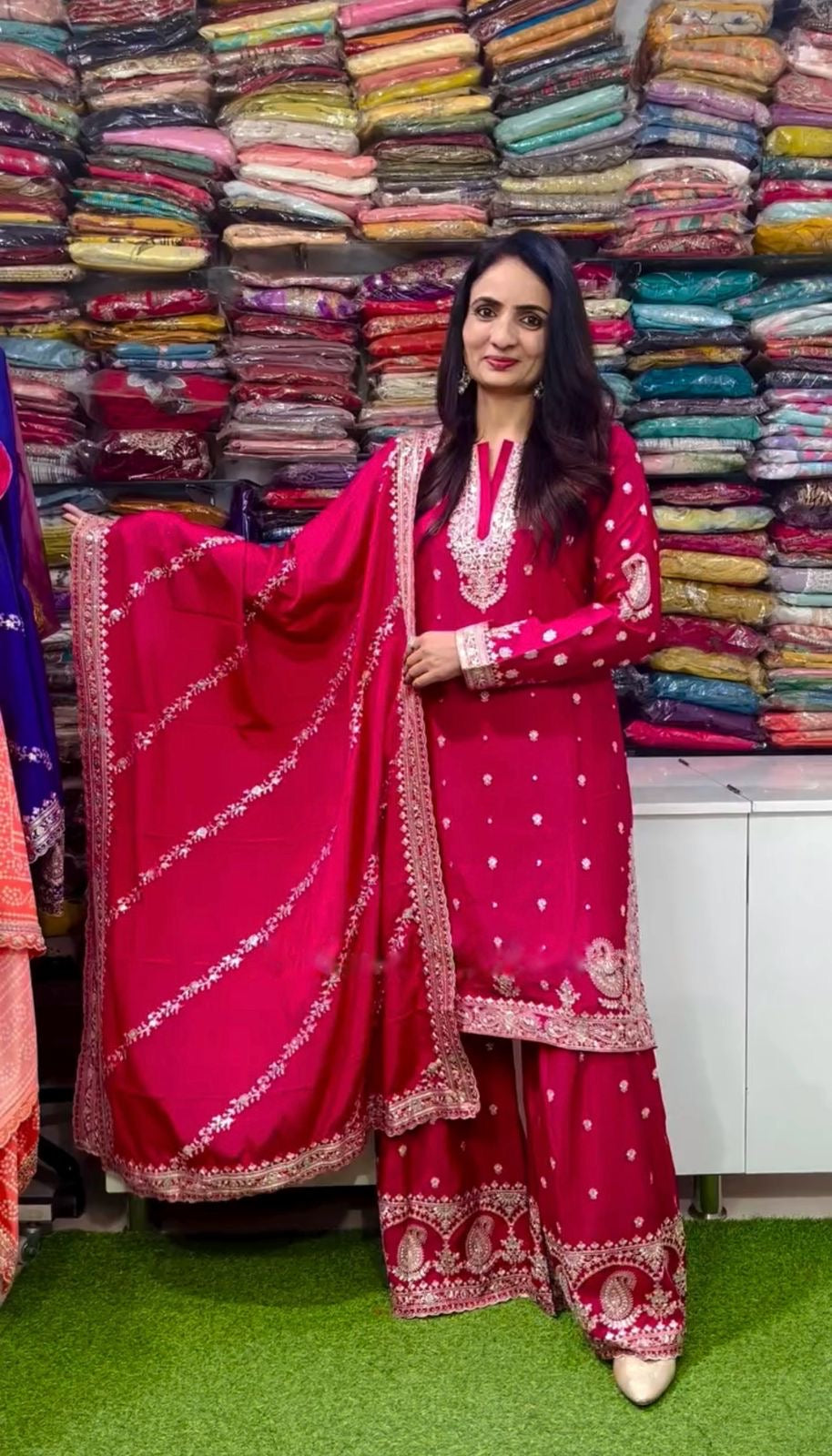 Pink Red Color Beautiful Plazo Suit In Chinon Fabric