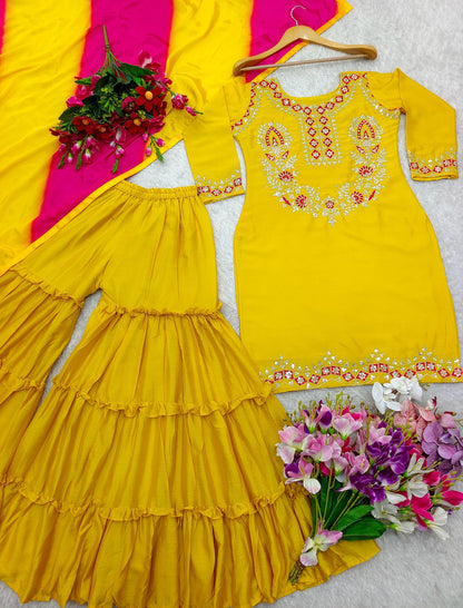 Chinon Fabric Fancy Sharara Suit in yellow color