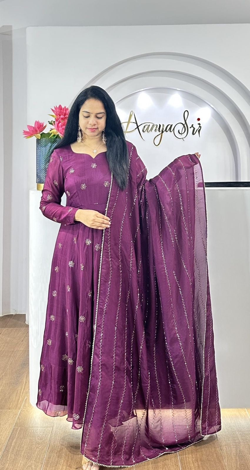 Beautiful Anarkali Gown in Chinon Fabric For Daily Wear Use in Light Purple Color