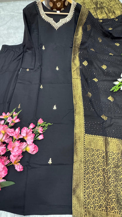 Roman Silk Fabric Designer Festive Wear Kurti Pant And Dupatta IN Black Color