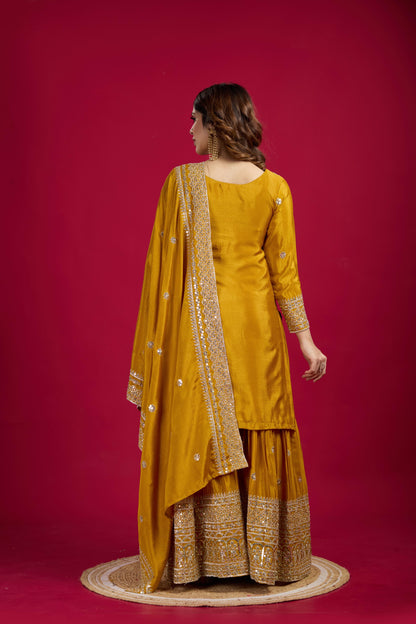 Yellow Color Chinon Silk Fabric Suit