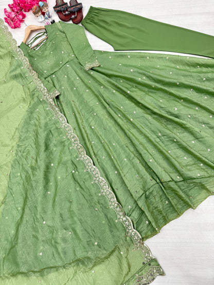 Green Color Beautiful Crush Silk Gown