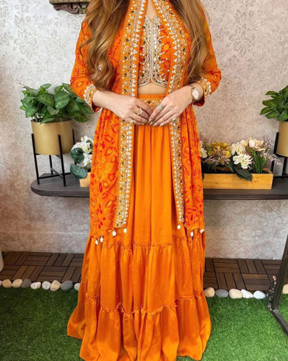 Trending Party Wear Shrug Lehenga In Orange Color in Gerogette Fabric