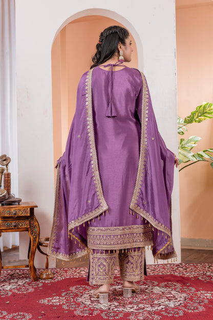 Purple Color Beautiful Partywear Chinon fabric Suit