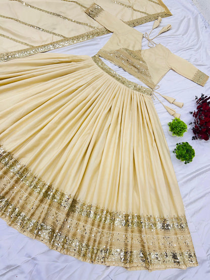 White Cream Color Chinon Fabric Lehenga Choli for small function