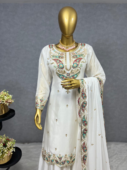 White Color Beautiful Chinon Silk Suit